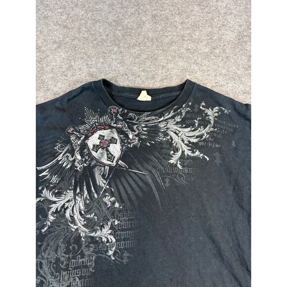 VINTAGE Y2K Shirt Mens XL Black Graphic Shield Cross Gothic Edgy Streetwear Tee - Picture 7 of 9